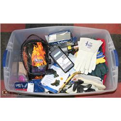 TOTE WITH ASSORTED TOOLS, NEW GLOVES, ELECTRONICS
