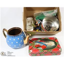 ESTATE BOX WITH ANTIQUE TEAPOT, TINS AND JEWELRY