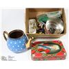 Image 1 : ESTATE BOX WITH ANTIQUE TEAPOT, TINS AND JEWELRY