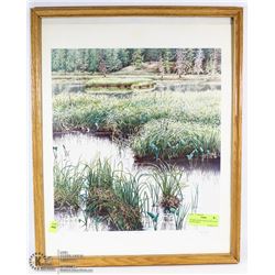 FRAMED CROW LAKE BY MAC ISAAC SIGNED PRINT. 17X21
