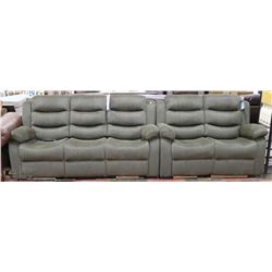 DARK GREEN FABRIC RECLINING SOFA AND LOVESEAT
