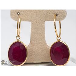 27) 14KT GOLD HOOP EARRINGS W/LARGE RUBIES
