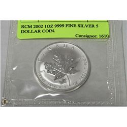 RCM 2002 1OZ 9999 FINE SILVER 5 DOLLAR COIN.