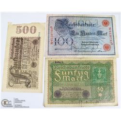 3 WWI GERMAN BANK NOTES - 1923 500 MARK, 1919