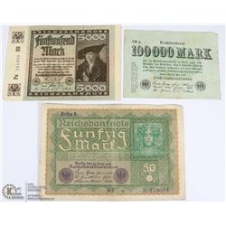 3 WWI GERMAN BANK NOTES - 1923 100000 MARK, 1919