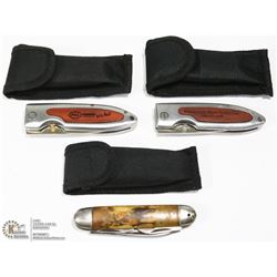 LOT OF 3 POCKET KNIVES & CARRY CASES.