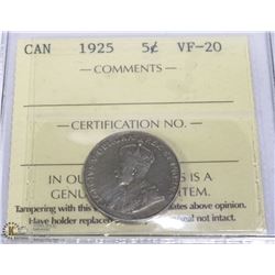 1925 CANADIAN 5 CENT COIN ICCS VF20.