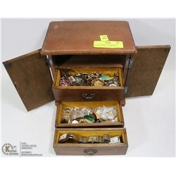 ESTATE JEWELLERY BOX WITH WATCHES, PINS, EARRINGS,