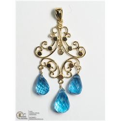 50) 14KT GOLD PENDANT W/3 BLUE TOPAZ & DIAMOND