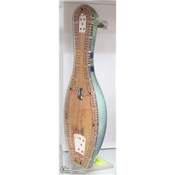 VINTAGE BOWLING PIN CRIB BOARD, ENCASED IN LUCITE