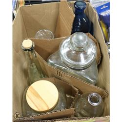 BOX OF LARGE GLASS CONTAINERS.
