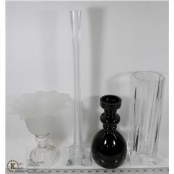 BOX WITH LARGE FROSTED CANDLE HOLDER, TALL VASE,