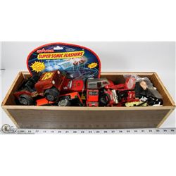 WOODEN BOX WITH TONKA TRUCKS & OTHER TOY CARS