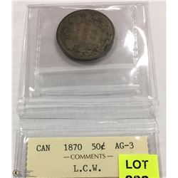 1870 CANADIAN 50 CENT COIN ICCS AG3.