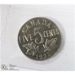 1927 CANADIAN 5 CENT COIN ICCS AU55