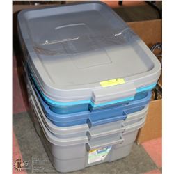 STACK OF 4 RUBBERMAID STORAGE BINS