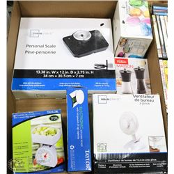 FLAT OF HOUSEHOLD SCALES, FAN, GLASSES,