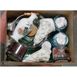 BOX OF ESTATE HOME DECOR ITEMS, INCL VASES,