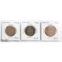 SET OF 3 CANADIAN 50 CENT COINS 1968, 1969, 1970.
