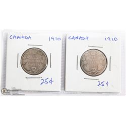LOT OF 2 CANADIAN 1910 25 CENT COINS.