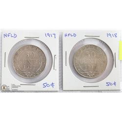 NEWFOUNDLAND 1917 & 1918  50 CENT COINS.