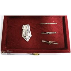 LOT OF VINTAGE PINS AND CLIPS IN RED BOX- SILVER W