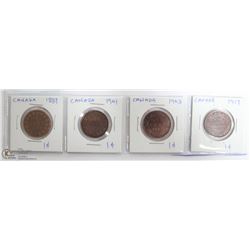 SET OF 4 CANADIAN LARGE CENT COINS.