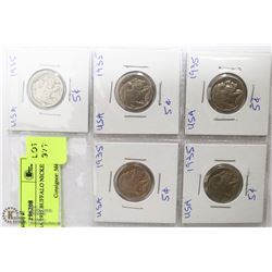 LOT OF 5 USA 1935 BUFFALO NICKEL COINS.