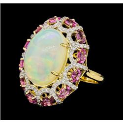 13.98 ctw Opal, Pink Sapphire and Diamond Ring - 14KT Yellow Gold
