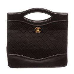 Chanel Black Quilted Fabric Leather Trim Bowling Satchel Handbag