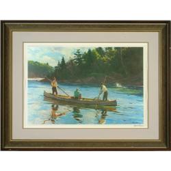 Three Men Fishing in Canoe