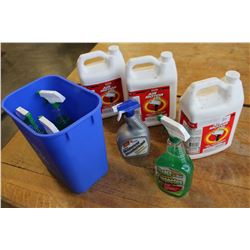 THREE JUGS OF AIR MOTOR OIL AND TOTE OF SPRAY CLEANER