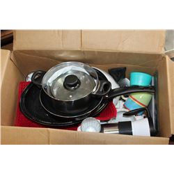 BOX OF POTS PANS AND DISHES