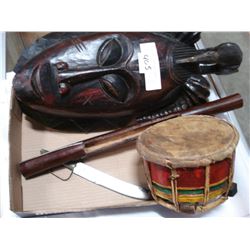 CARVED WOOD MASK AND DRUM KNIFE AND FIRE STARTER