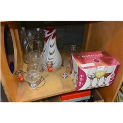 BOX OF GLASSWARE AND MARTINI MIXER CAKE PLATTER WITH COVER AND WINE GLASSES