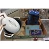 Image 1 : CAST IRON LIDDED CASSEROLE AND GRANITE WARE KETTLE AND TINS