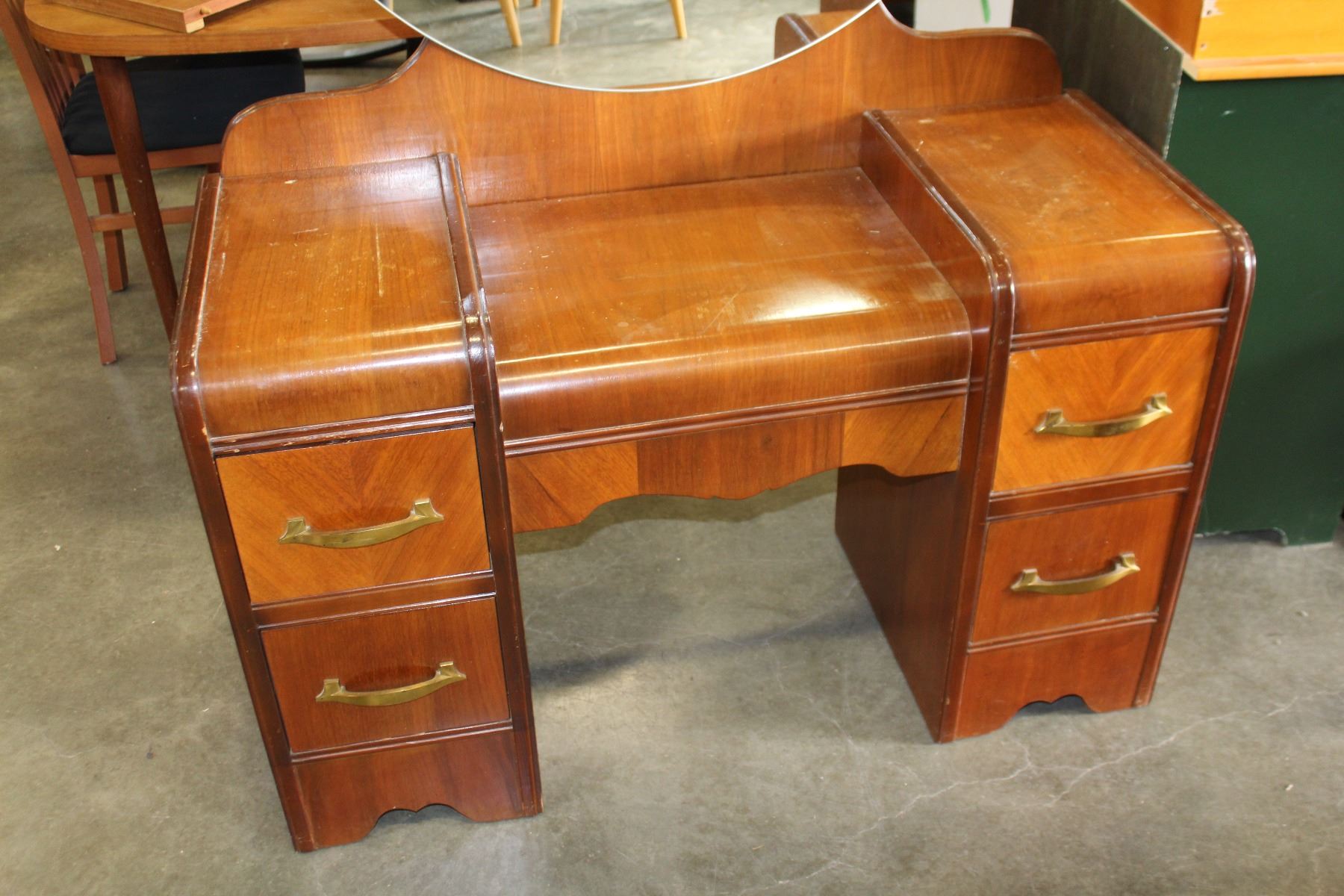Vintage Walnut Waterfall Vanity Dresser And Mirror And Stool