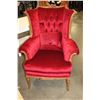 Image 2 : RED UPOLSTERED CARVED WOOD FRAME BUTTONBACK ARMCHAIR