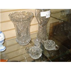 LOT OF CRYSTAL VASES AND CREAM AND SUGAR