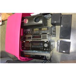 PINK TOTE OF JVC AND TECHNICS STEREO COMPONENTS AND SPEAKERS AND TOSHIBA DVD PLAYER