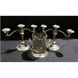 PAIR SILVERPLATE CANDLEBRA & WINE BOTTLE HOLDER