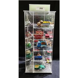 DISPLAY CASE W/APPROX 26 VINTAGE DIE CAST VEHICLES