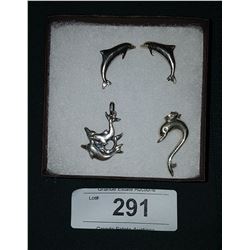 TWO STERLING SILVER DOLPHIN PENDANTS & SET EARRINGS