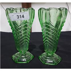 PAIR GREEN DEPRESSION GLASS VASES