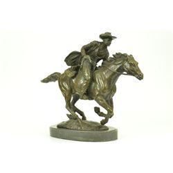 Western Cowboy Horse Ranch Bronze Sculpture on Marble Base Statue