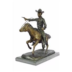 Cowboy Charges Bronze Sculpture Statue Marble Base Figurine