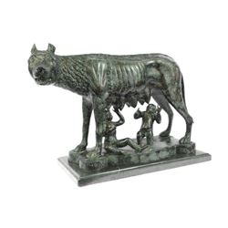 The Capitoline Wolf Bronze Statue on Marble Base Sculpture