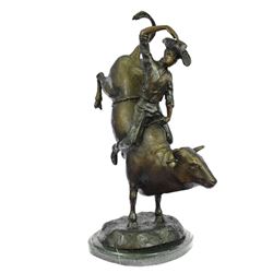 Rodeo Cowboy Bronze Sculpture on Marble Base Statue