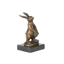 Cuddly Lil Lady Bunny With Flower Basket Bronze Sculpture