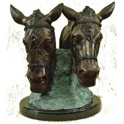 Two Horses Head Bust Bronze Sculpture on Marble Base Figurine